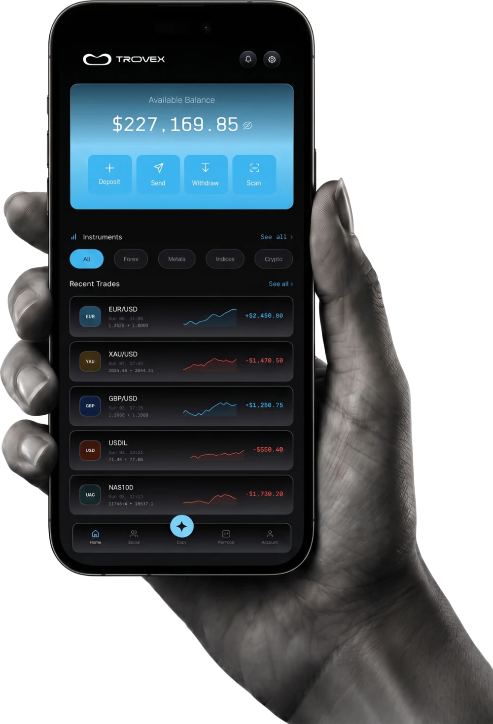 Trovex mobile app shown in hand